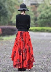 Boho Red Wrinkled Asymmetrical Print Lace Up Cotton Maxi Skirt Spring