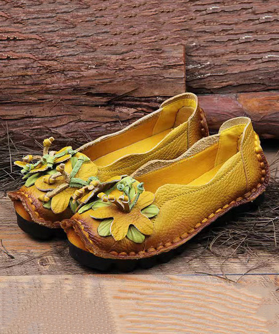 Boho Retro Splicing Flats Yellow Faux Leather Floral