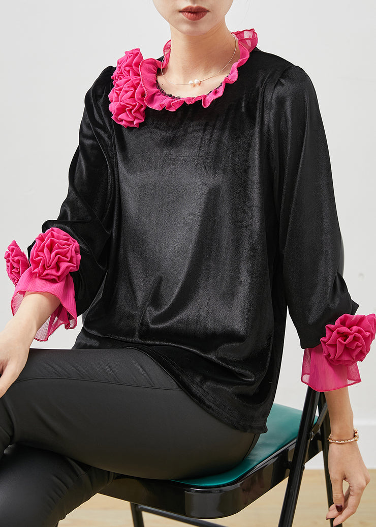 Boho Rose Floral Ruffled Silk Velour Shirt Spring