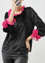 Boho Rose Floral Ruffled Silk Velour Shirt Spring