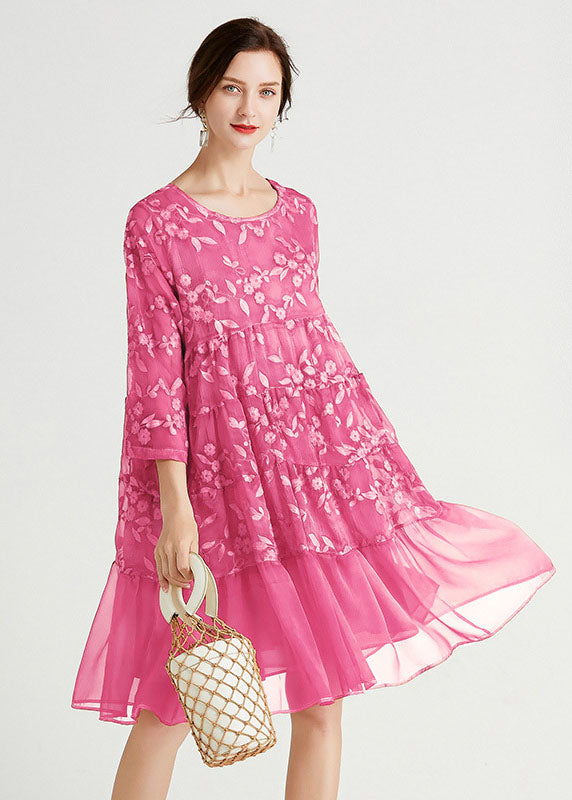 Boho Rose O-Neck Embroidered Chiffon Dress Spring