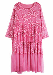 Boho Rose O-Neck Embroidered Chiffon Dress Spring