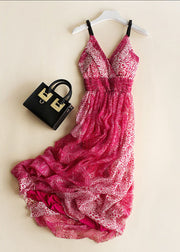 Boho Rose Print Wrinkled Patchwork Silk Spaghetti Strap Dress Sleeveless