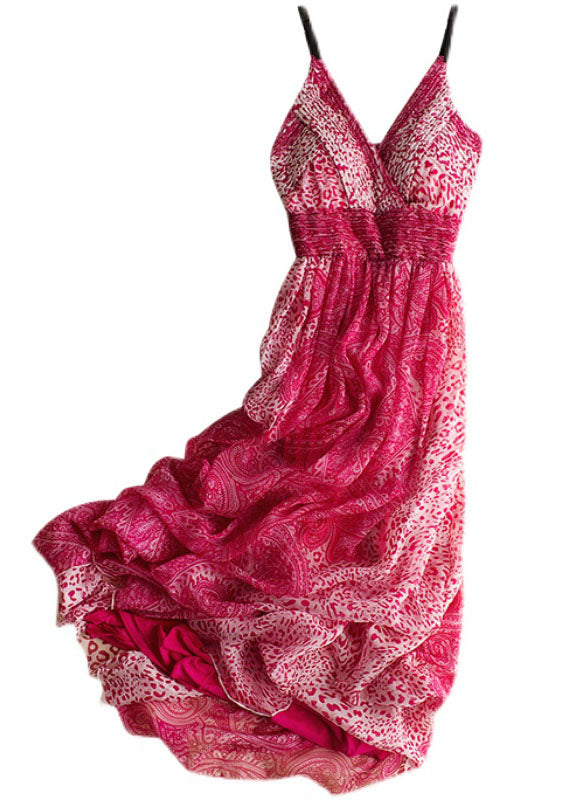 Boho Rose Print Wrinkled Patchwork Silk Spaghetti Strap Dress Sleeveless