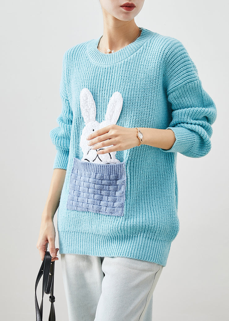Boho Sky Blue Thick Patchwork Rabbit Knitted Tops Winter