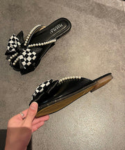 Boho Slide Sandals Black Splicing Plaid Bow Nail Bead