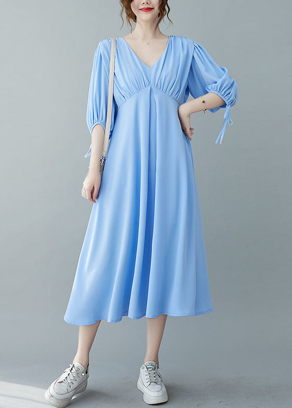 Boho Solid Blue V Neck Wrinkled Chiffon Long Dresses Bracelet Sleeve