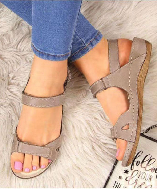 Boho Splicing Peep Toe Wedge Sandals Brown Faux Leather