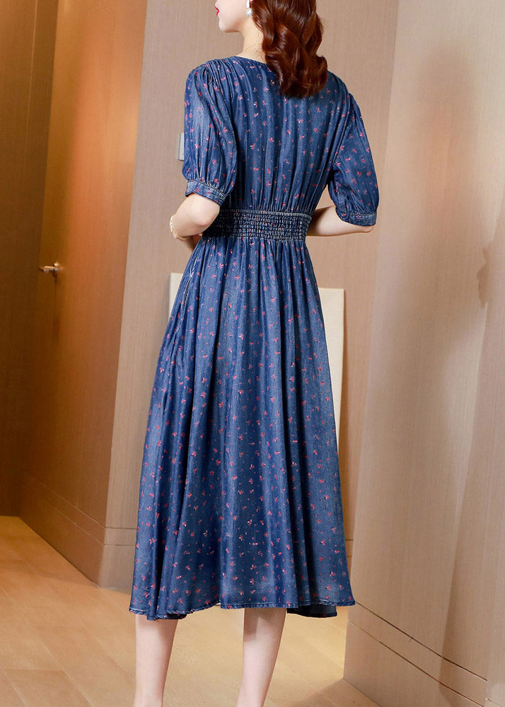 Boho V Neck Print Solid Tunic Silk Denim Long Dress Short Sleeve