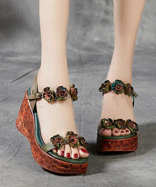 Boho Wedge Sandals Peep Toe Brown Cowhide Leather Floral