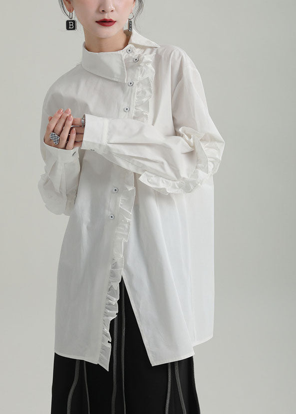Boho White Asymmetrical Design Ruffled Cotton Blouse Top Fall