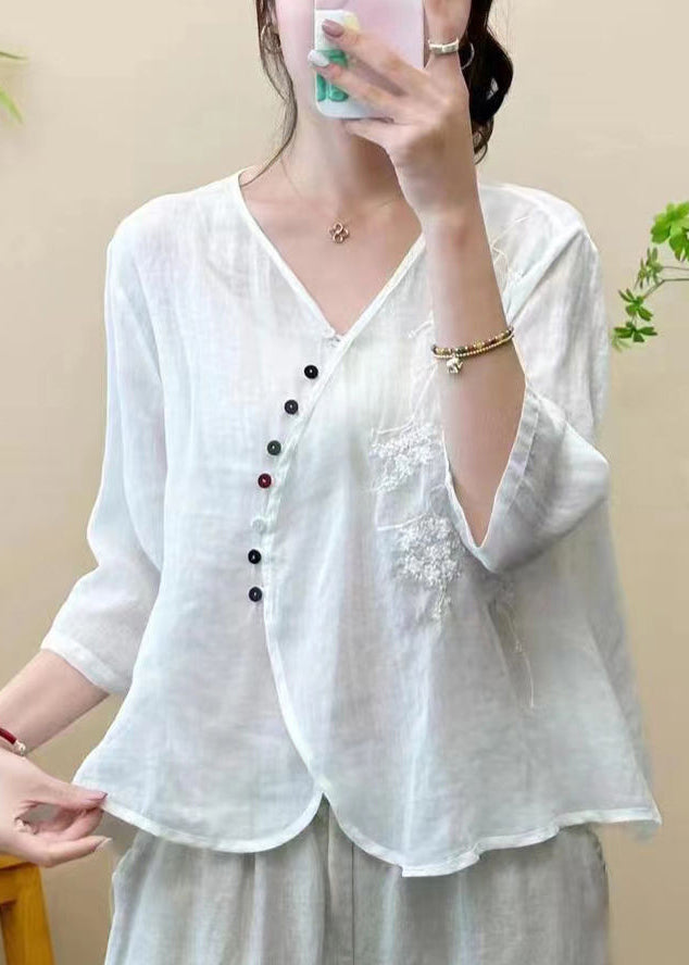 Boho White Embroidered Linen Blouse Top Half Sleeve