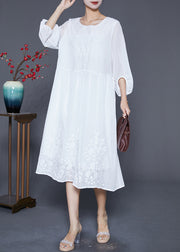 Boho White Embroidered Oversized Cotton Dress Lantern Sleeve