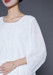 Boho White Embroidered Oversized Cotton Dress Lantern Sleeve