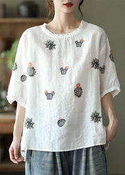 Boho White O-Neck Embroideried Summer Ramie Blouse Half Sleeve - SooLinen