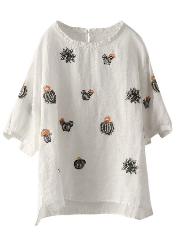 Boho White O-Neck Embroideried Summer Ramie Blouse Half Sleeve - SooLinen