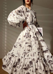Boho White O-Neck Patchwork Print Exra Large Hem Long Dress Lantern Sleeve