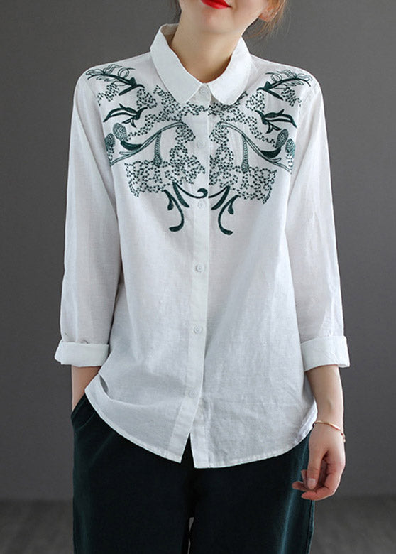 Boho White Peter Pan Collar Embroidered Shirt Long Sleeve