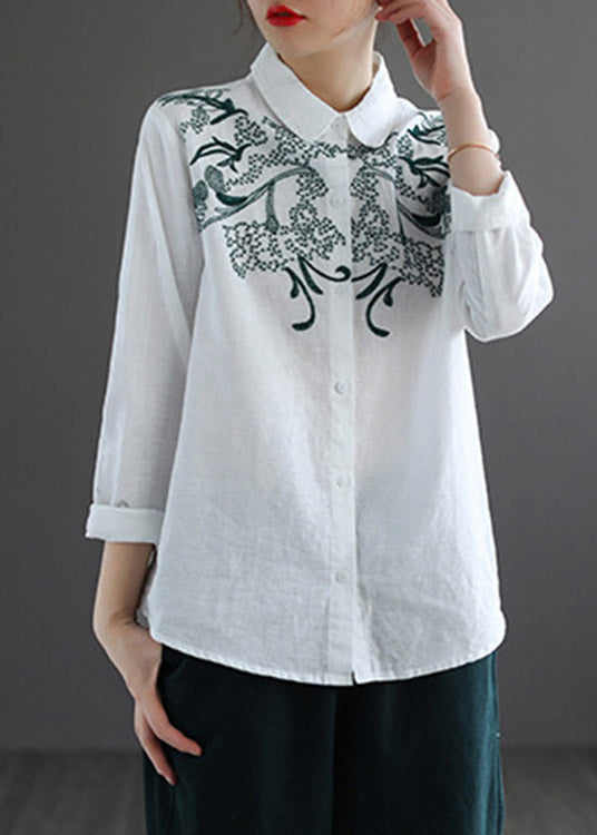 Boho White Peter Pan Collar Embroidered Shirt Long Sleeve