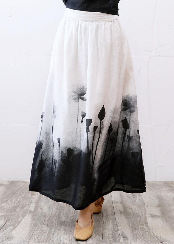 Boho White Print A Line Fall Linen Skirts - SooLinen