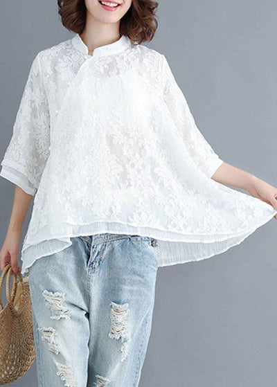 Boho White Stand Collar Asymmetrical Design Summer Tops Three Quarter Sleeve Shirt - SooLinen