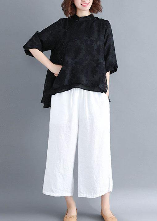 Boho White Stand Collar Asymmetrical Design Summer Tops Three Quarter Sleeve Shirt - SooLinen