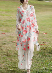 Boho White Tasseled Floral Asymmetrical Design Silk Two Pieces Set Fall