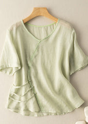 Boho White V Neck Button Patchwork Linen Shirt Top Summer