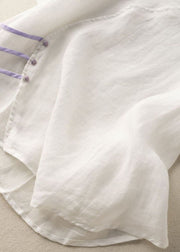 Boho White V Neck Button Patchwork Linen Shirt Top Summer