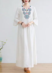 Boho White V Neck Embroidered Cotton A Line Dress Bracelet Sleeve