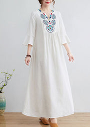 Boho White V Neck Embroidered Cotton A Line Dress Bracelet Sleeve