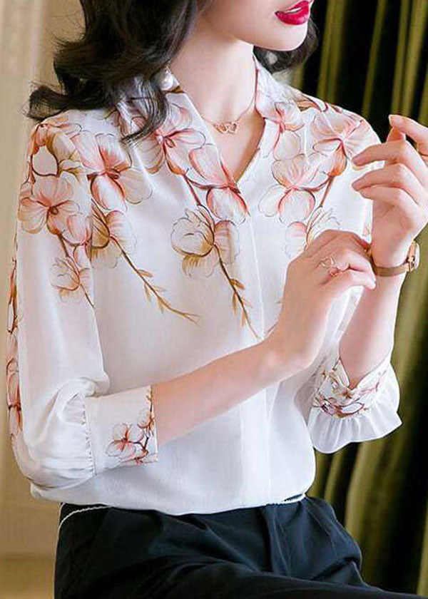 Boho White V Neck Print Patchwork Silk Shirt Top Summer