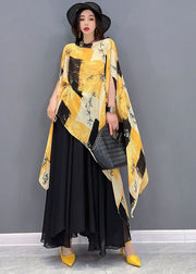 Boho Yellow Asymmetrical Print Chiffon Tops And Skirts Two Piece Outfit Summer