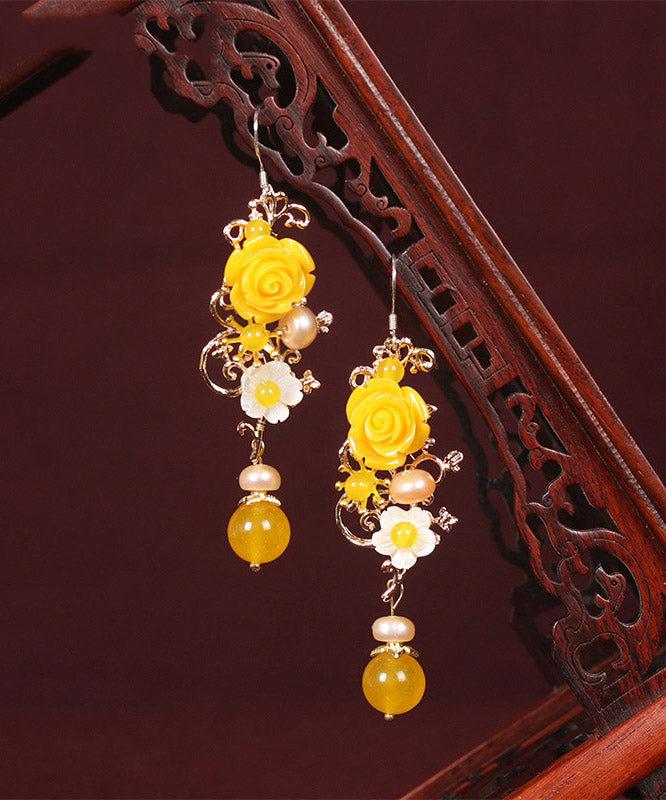 Boho Yellow Crystal Chalcedony Floral Drop Earrings
