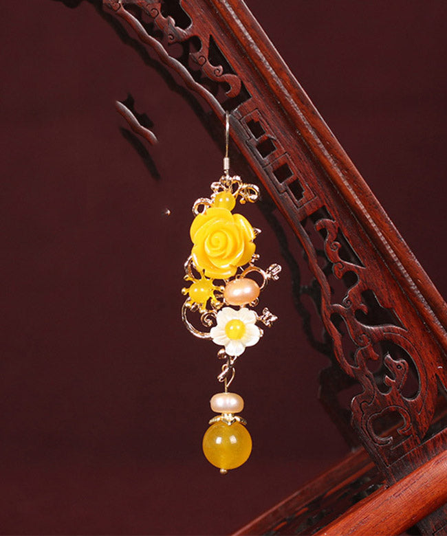 Boho Yellow Crystal Chalcedony Floral Drop Earrings