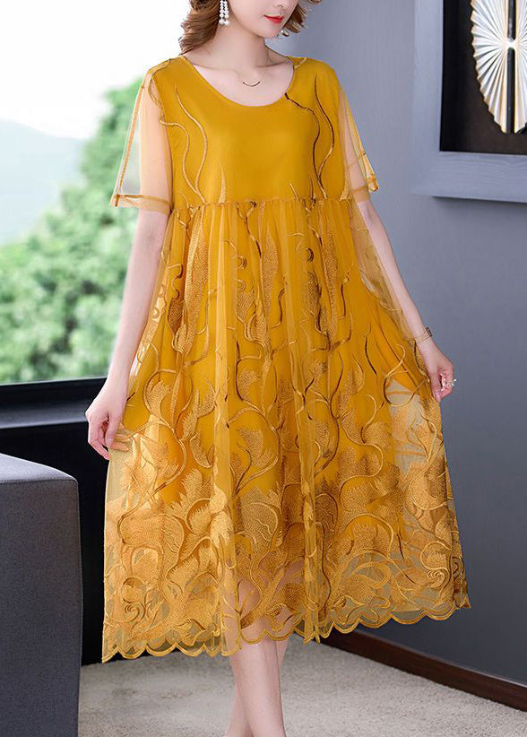Boho Yellow Embroidered Hollow Out Tulle Dress Summer