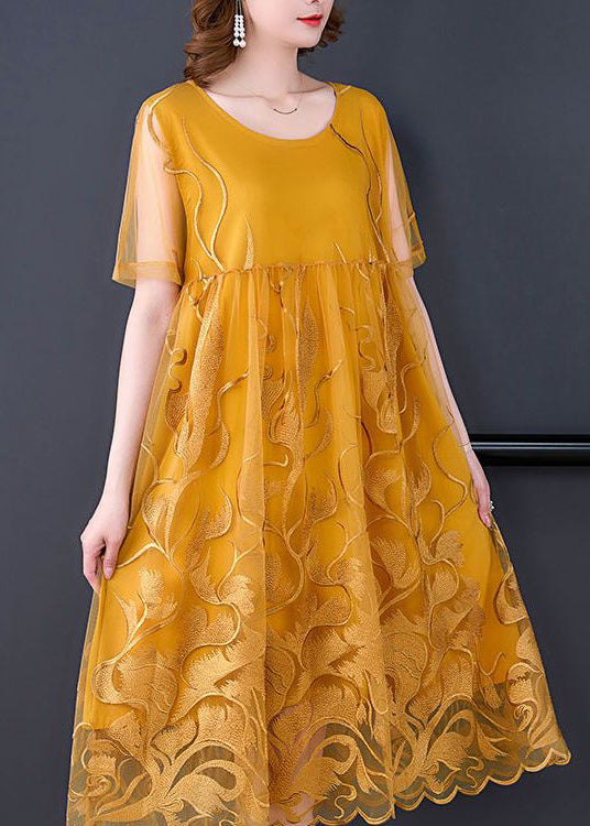 Boho Yellow Embroidered Hollow Out Tulle Dress Summer