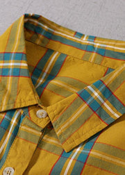 Boho Yellow Green Plaid Pockets ButtonTie Waist Fall Wrinkled Maxi Dress Long Sleeve - SooLinen