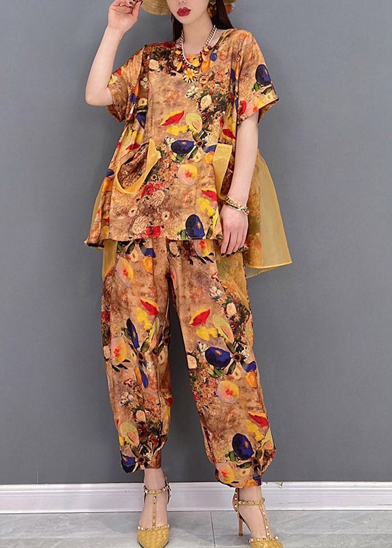 Boho Yellow O-Neck Print Tulle Patchwork Chiffon tops and pants Two Piece Set Women Clothing Short Sleeve