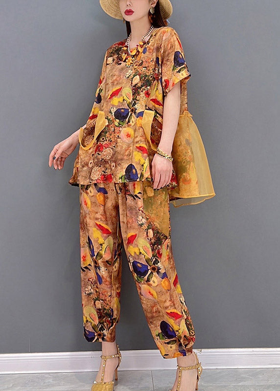 Boho Yellow O-Neck Print Tulle Patchwork Chiffon tops and pants Two Piece Set Women Clothing Short Sleeve