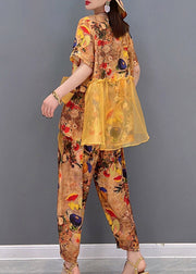 Boho Yellow O-Neck Print Tüll Patchwork Chiffon Oberteile und Hosen Zweiteiler Damenbekleidung Kurzarm