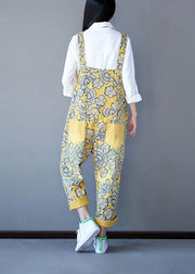 Boho Yellow Patchwork Print Denim Jumpsuit Spring