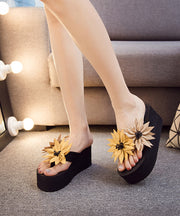 Boho Yellow Peep Toe Cotton Fabric Slide Sandals