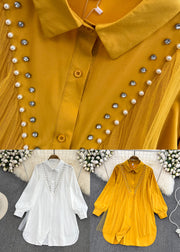 Boho Yellow Peter Pan Collar Patchwork Button Tulle Shirts Long Sleeve