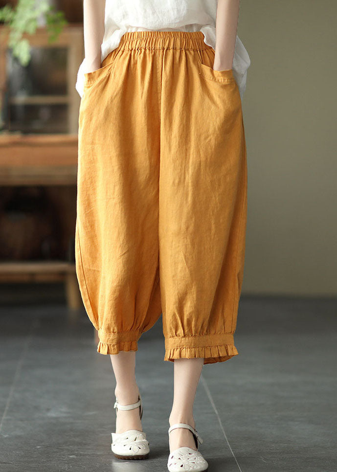 Boho Yellow Pockets Ruffled Patchwork Linen Crop Pants Summer
