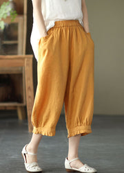 Boho Yellow Pockets Ruffled Patchwork Linen Crop Pants Summer