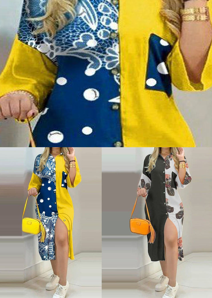 Boho Yellow Print Button Chiffon Shirts Dresses Spring