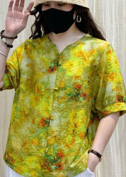 Boho Yellow Print Wrinkled Linen Shirt Top Short Sleeve