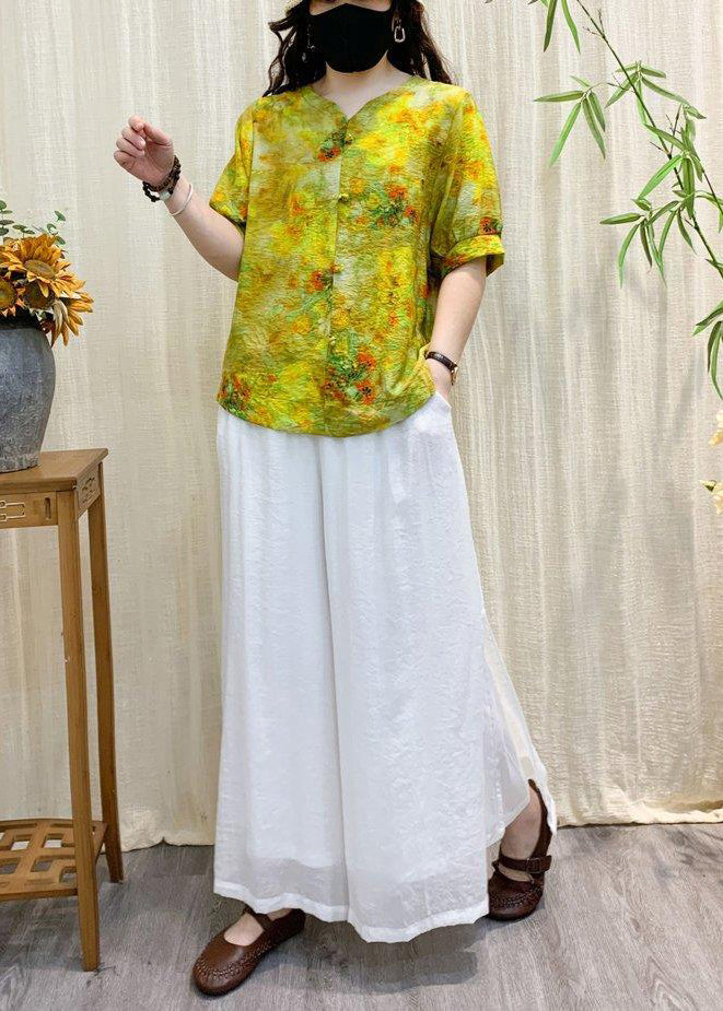 Boho Yellow Print Wrinkled Linen Shirt Top Short Sleeve