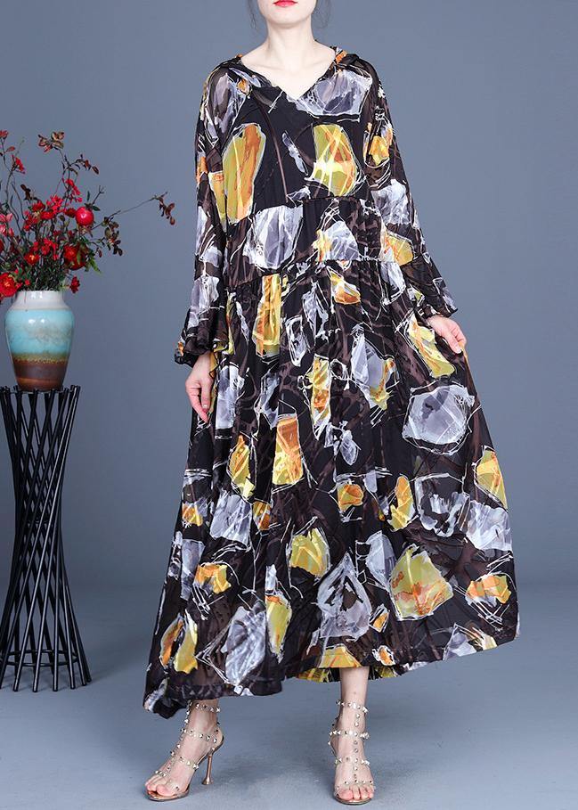 Boho Yellow Print hooded Cinched Mid Dress Summer Silk - SooLinen